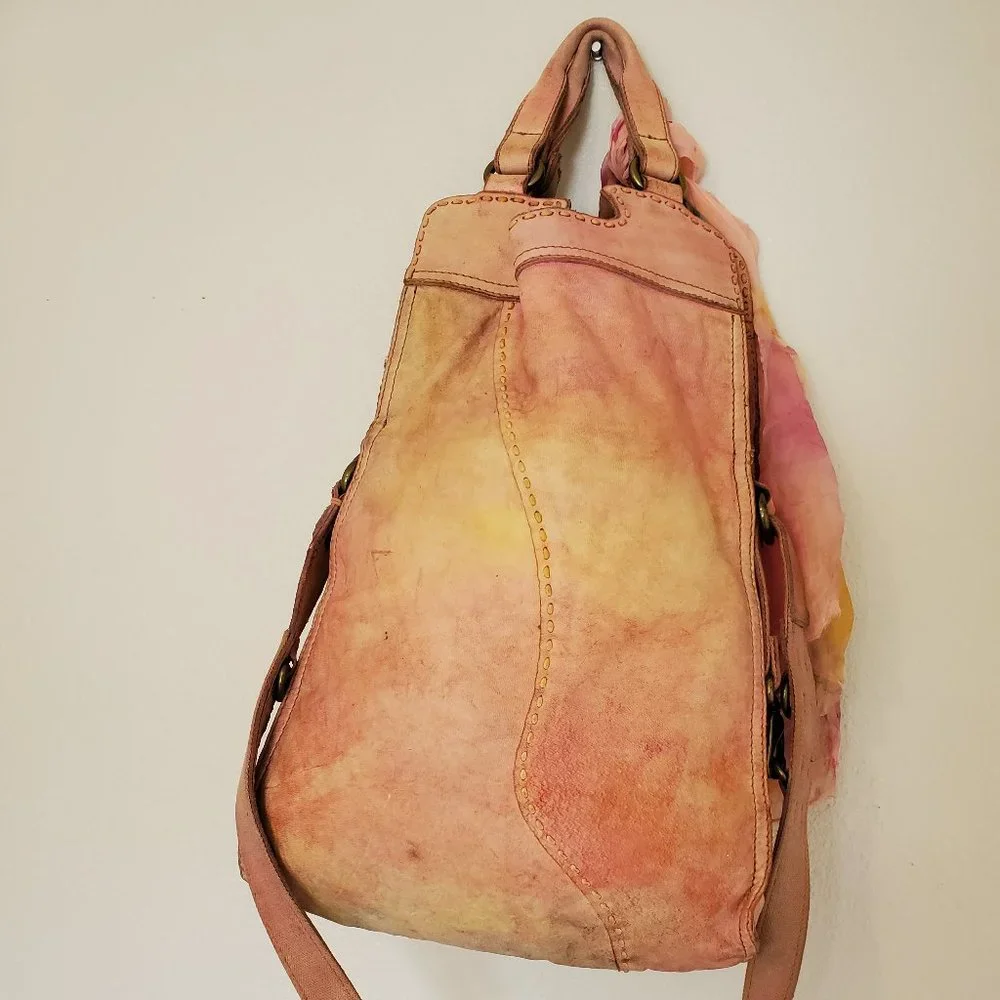 Leather tiedyed Lucky Brand Boho crossbody tote Purse Hobo Bag pink yellow peach
